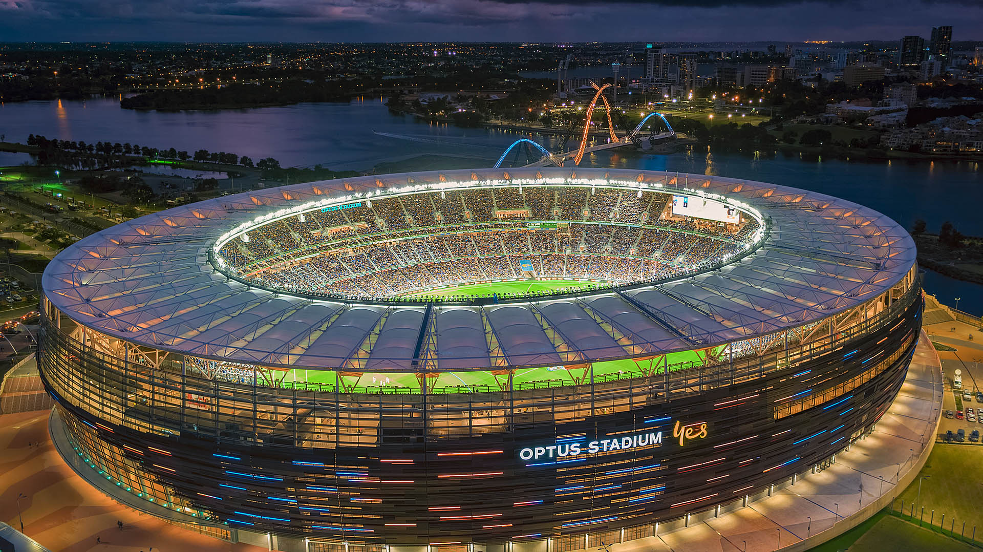 An aerial photograph of Optus Stadium.