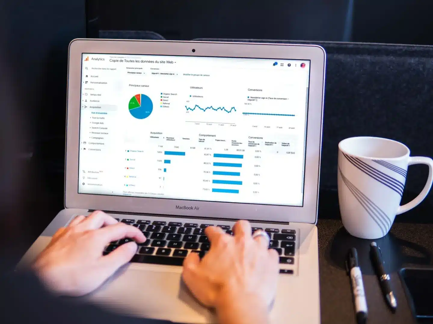 A photo of a macbook air with google analytics displayed on it.