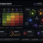 Abstract AI search analysis dashboard with heatmap comparison, segmented data clusters and performance gaps visualised across multiple query categories