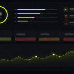 Abstract AI search performance dashboard showing visibility scores, category breakdowns and upward trend in search performance